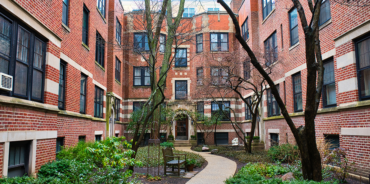 Brick courtyard of a multifamily apartment building